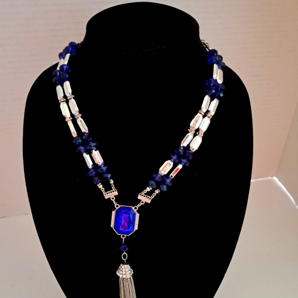 INC Art Deco Bold Couture Style Beaded Tassel Pendant Blue Necklace